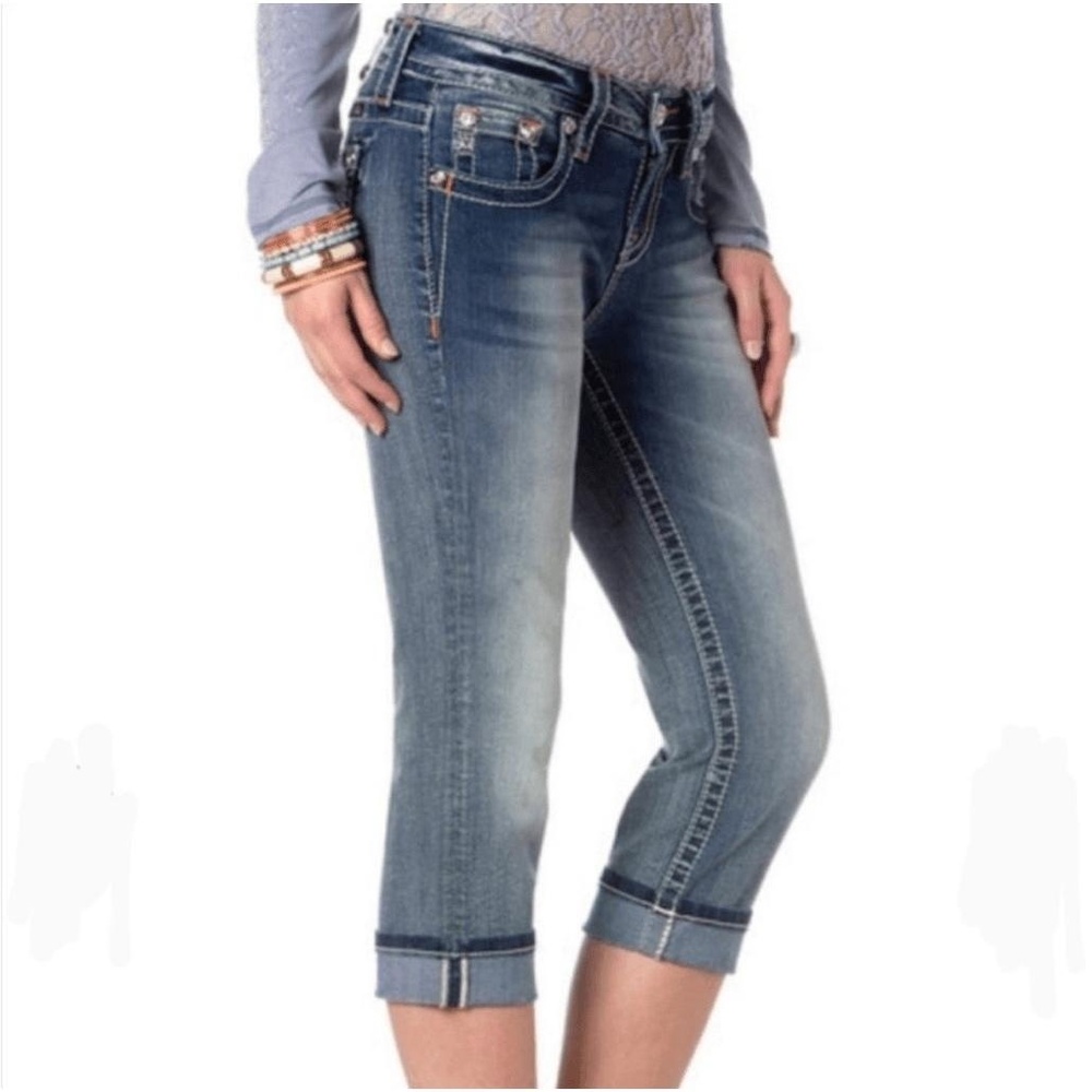 Miss Me Women's Mid-Rise‎ Cuffed Stretch Capri Jeans Blue Embellished Bling
